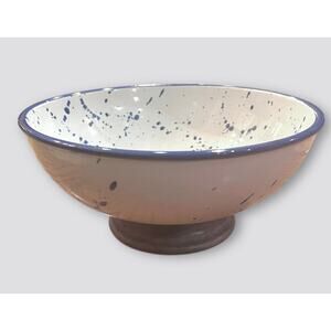 Kauri Design Porcelain Bowl Wood Base White w/ Blue Splatter 11” Serving Decor